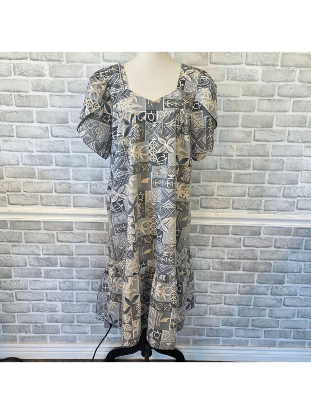 Vintage Hawaiian Togs Muumuu Dress XL Blue Gray Tapa Print Coastal Tiki Tropical